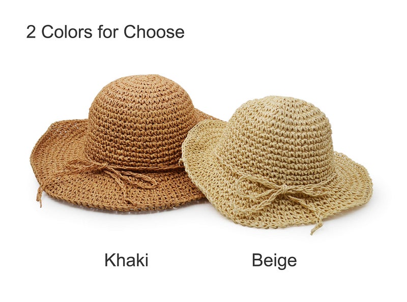 UltraKey Straw Hat, Handmade Beach Wide Brim Cap Foldable Outdoor Sun Hat Beach Headwear for Children Khaki - Image 4